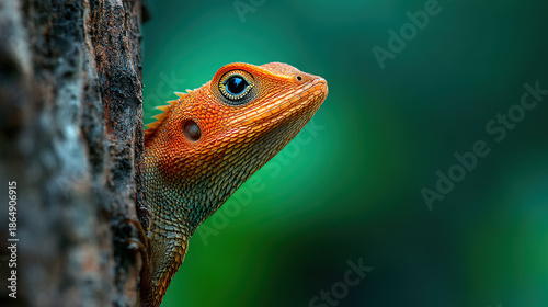 Wallpaper Mural Macro Portrait of an Orange Lizard Peeking from Tree Bark with Soft Green Natural Background Torontodigital.ca