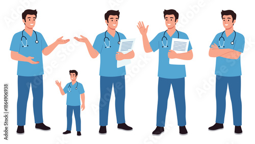 Character set of a friendly male nurse in blue scrubs with a stethoscope, shown in various poses such as waving, presenting, and with arms crossed.