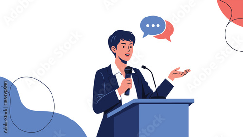 Professional speaker in a business suit giving a presentation or speech at a podium with a microphone, against a simple abstract background.