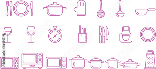 Black and white kitchen utensil and cookware icon set with plates pots appliances, minimalist line art vector collection