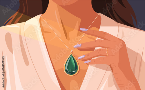 Woman wearing elegant necklace with green pendant and ring on her hand