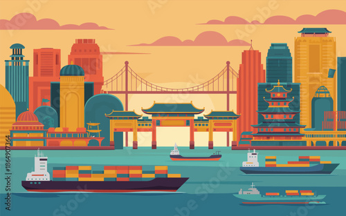 Vibrant cityscape with cargo ships and boats in the harbor at sunset