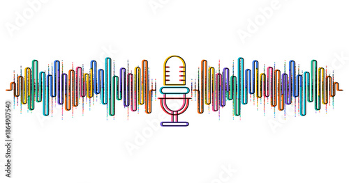 Colorful line illustration of a microphone with vibrant audio waveform and dotted sound signals on white background