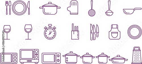 Black and white kitchen utensil and cookware icon set with plates pots appliances, minimalist line art vector collection