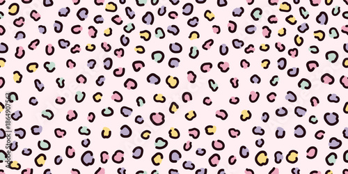 Cute pastel leopard pattern with hand drawn animal spots in soft multicolor tones on light background