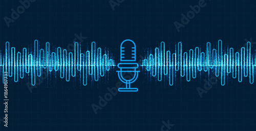 Glowing neon microphone with dynamic audio waveform and particle sound signals on dark blue grid background, representing voice recording podcast broadcasting and modern digital audio technology.