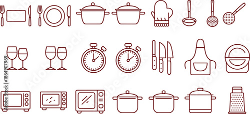 Black and white kitchen utensil and cookware icon set with plates pots appliances, minimalist line art vector collection