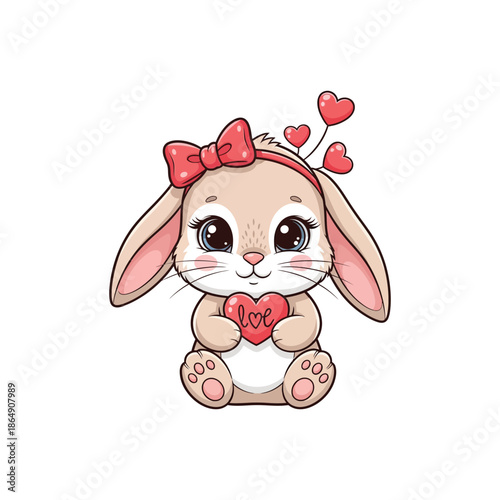Cute cartoon bunny with pink bow and heart decoration