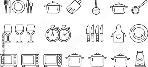Black and white kitchen utensil and cookware icon set with plates pots appliances, minimalist line art vector collection