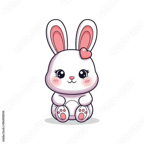 Cute cartoon bunny with big ears and rosy cheeks sitting alone