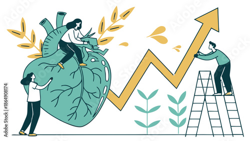 People working together to improve heart health and financial growth.