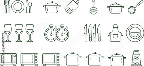 Black and white kitchen utensil and cookware icon set with plates pots appliances, minimalist line art vector collection