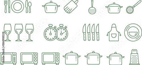 Black and white kitchen utensil and cookware icon set with plates pots appliances, minimalist line art vector collection