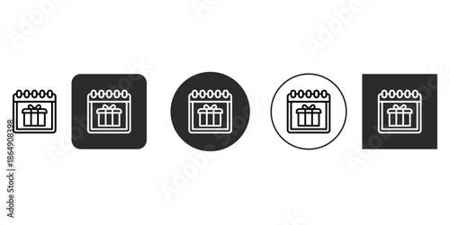 Calendar icon showing gift box and special date | Outline vector icon of monthly calendar with present symbol | Minimalist birthday event reminder symbol on calendar page | E-commerce promotion date 