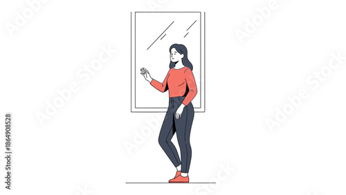 Young woman standing near a window in a minimalistic room with a relaxed pose