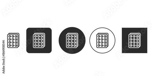 Medicine pill blister pack vector icon set collection | Black and white pharmacy drug tablet pictogram design elements | Isolated minimal flat design healthcare and medical supply graphics