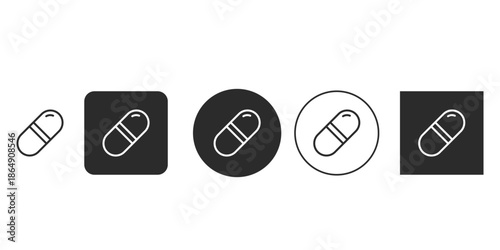 Minimalist capsule pill icon set for healthcare UI design | Black and white medicine drug symbol vector illustration | Flat style vitamin supplement graphic element for apps