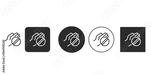 Icon for drug prohibition or refusal to take medication | Minimalist stop pill icon in hand outline vector illustration | Isolated black and white icons set for refusal concept