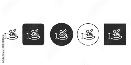Hand holding medicine capsule pills icon vector illustration | Outline icon set for dosage and prescription drug concept | Digital UI/UX pictogram for medication intake |Medical treatment and pharmacy