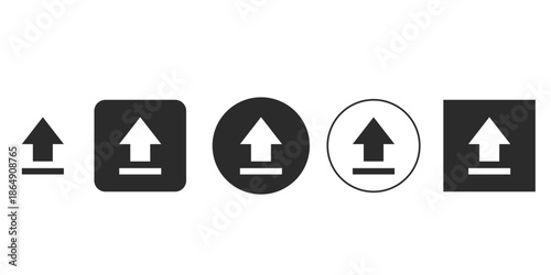 Set of five different upload arrow icons for modern UI design | Minimalist file transfer symbols and data upload vector graphics | Black and white interface buttons for web and app development
