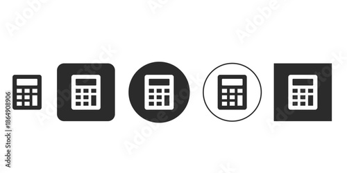 Digital calculator icon set for financial apps and websites | Simple black and white mathematical computing device symbol | UI UX design element for accounting and tax software 