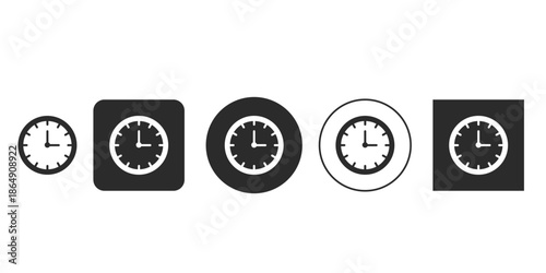 Analog clock icon set vector graphic for user interface design | Monochrome black and white time symbol collection | Clock face showing three o'clock on digital buttons 