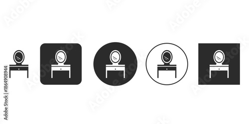 Monochrome vanity table and mirror icon set for interior design apps | Simple black and white dressing table furniture graphic asset | Isolated minimal flat design bedroom vanity symbol