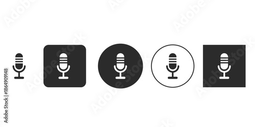 Flat design microphone icon set for web interface | Black and white record button vector illustration | Voice input symbol glyphs for app UI design | Simple monochrome podcast or audio streaming logo