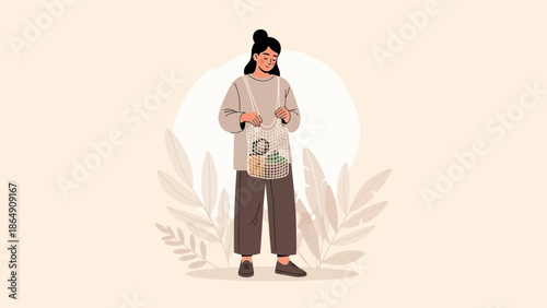 Casual woman standing outdoors with a woven bag looking at her phone in a minimalist illustration