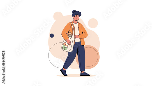 Stylish young woman with a bag, casual outfit, walking confidently with a background of abstract