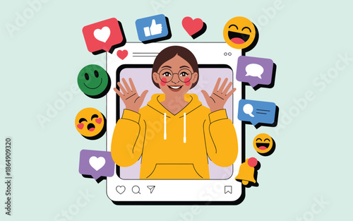 A person in a yellow hoodie reacts to social media notifications on a mobile device