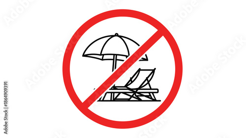 Red prohibition sign indicating no beach chairs or umbrellas allowed, with a simple line icon of a sun lounger and parasol on a white background.