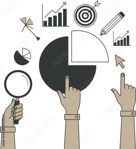 Business strategy and planning concept with hands holding various tools for success in finance and marketing