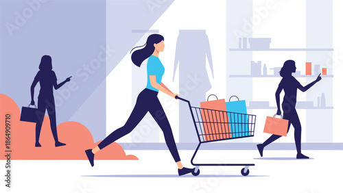 Young woman running with a shopping cart full of bags in a store, with silhouettes of other shoppers in the background, illustrating a sale or fast shopping.