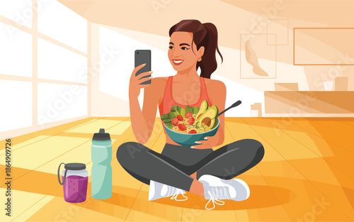 Woman practicing yoga in a serene room, taking a break to eat a healthy salad and drink water while checking her smartphone