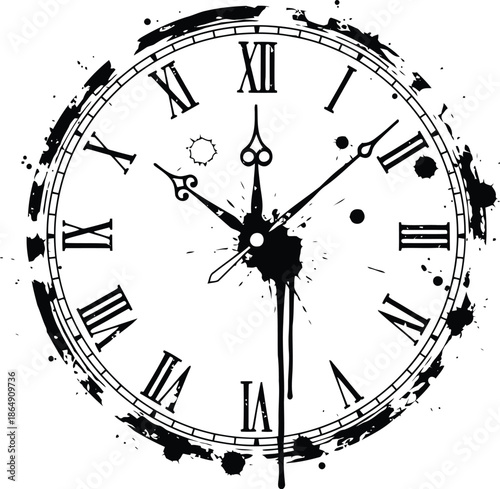 Vintage roman numeral clock face with distressed grunge texture background