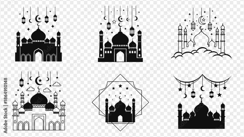 Obraz premium Ramadan mosque icons with lanterns and crescent moon