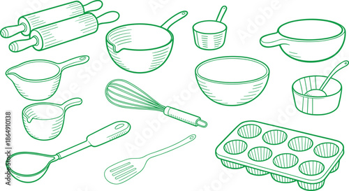 Black and white line art baking tools illustration set with bowls whisks rolling pins, kitchen cookware sketch collection
