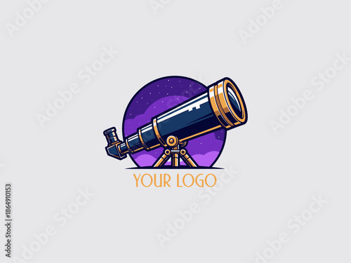 Telescope Illustration with Purple Background Circle.