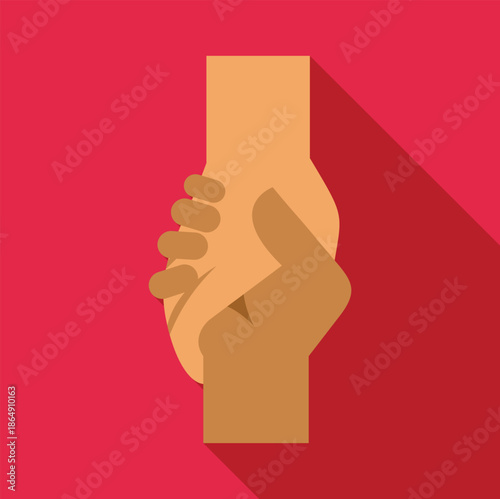 Two hands gripping firmly, symbolizing help, solidarity, and assistance against a red background