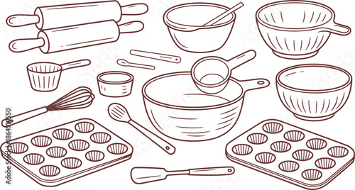 Black and white line art baking tools illustration set with bowls whisks rolling pins, kitchen cookware sketch collection