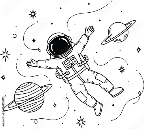 Astronaut floating in space among planets and stars hand drawn style