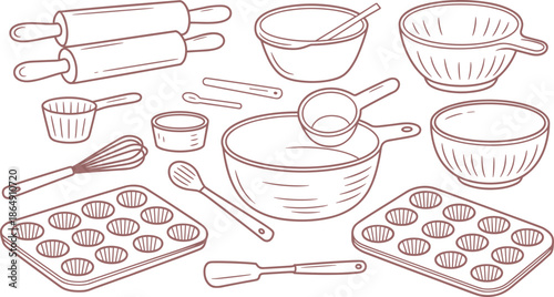 Black and white line art baking tools illustration set with bowls whisks rolling pins, kitchen cookware sketch collection