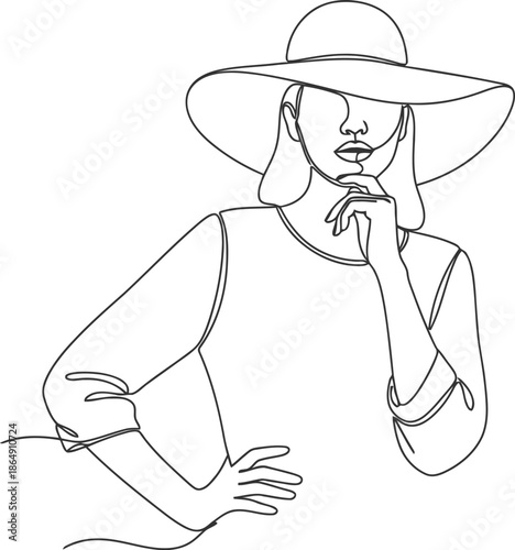 Woman wearing a wide brim hat with hand on chin contemplating