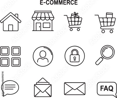 A comprehensive set of 12 minimalist black-and-white outline icons for e-commerce, featuring a house, storefront, shopping carts, user security, search tools, and communication bubbles.