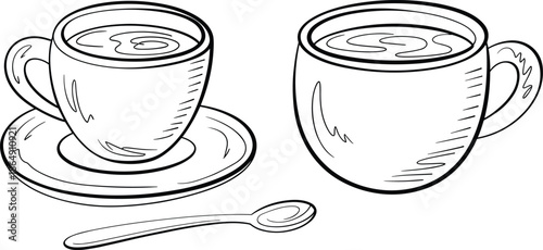 Black and white line drawing of coffee cups with saucer and spoon, minimalist hand drawn beverage illustration vector art