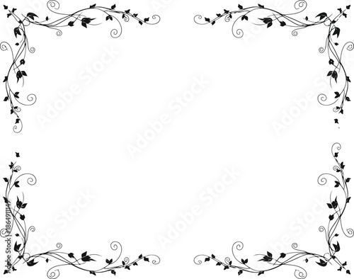 Elegant black floral vine border design with delicate leaves and swirling branches