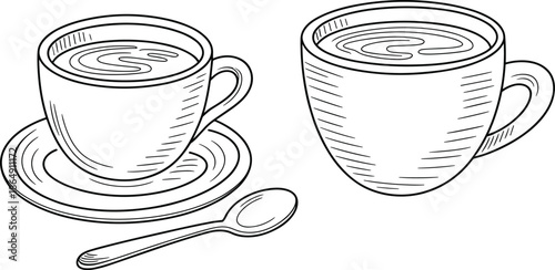 Black and white line drawing of coffee cups with saucer and spoon, minimalist hand drawn beverage illustration vector art