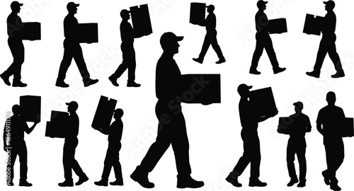 Delivery worker silhouettes, carrying boxes, logistics concept, courier service, moving company, warehouse transport, manpower, package handling, black vector illustration