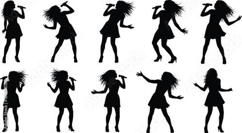 Female singer silhouettes performing with microphone, dancing pop music concert poses, stage performance collection, black vector illustration isolated white background